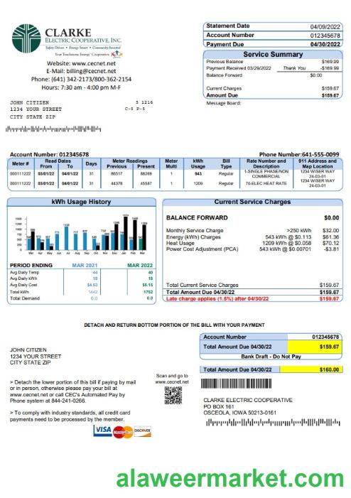USA Iowa Clarke Electric Cooperative, Inc utility bill template in Word and PDF format